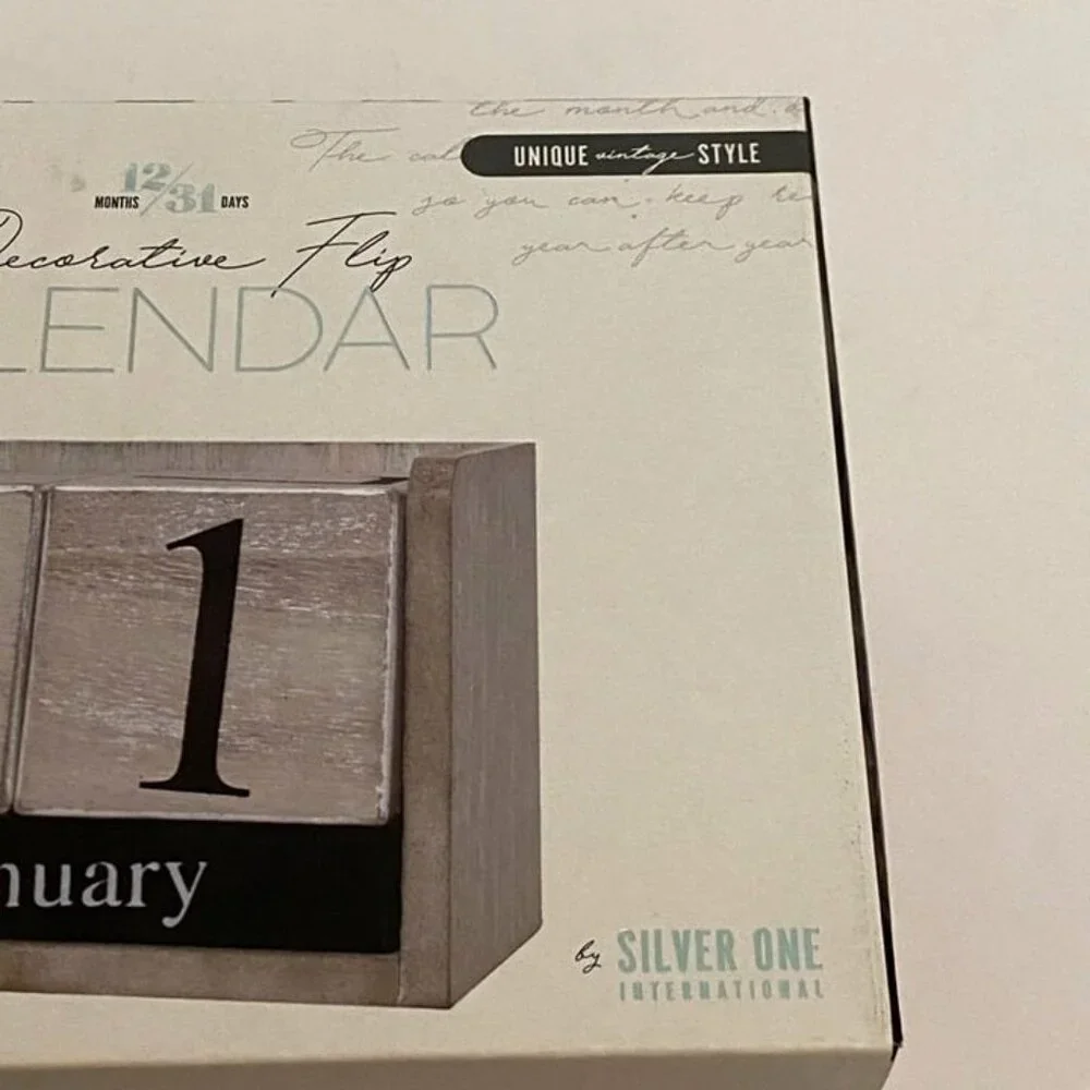 Silver One International Decorative Flip Calendar Wooden Vintage Style Farmhouse